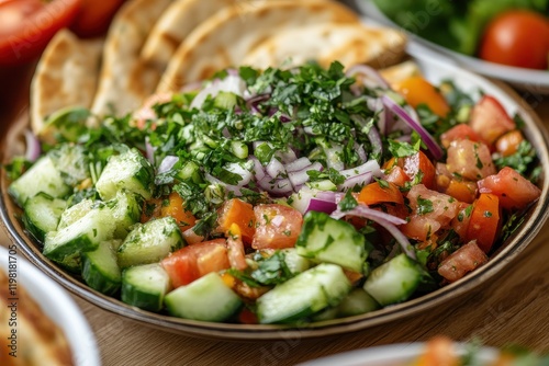 Classic fattoush salad served with pita croutons cucumbers tomatoes red onions mixed vegetables and herbs photo