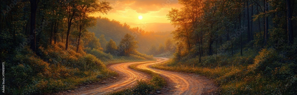 Winding Road at Sunset Through Lush Greenery Winding Road at Sunset Through Lush Greenery