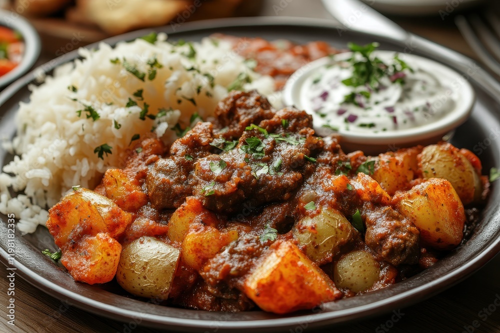 Close up of Batata Harra a popular Middle Eastern spicy potato dish on a plate Close up of Batata Harra a popular Middle Eastern spicy potato dish on a plate
