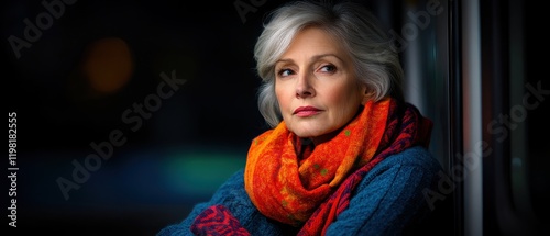 [Grayhaired woman in blue jacket and red scarf leaning against metal bar] Vintage Black and White Portrait of Karen with Minimalist Background and Soft Focus Effect.