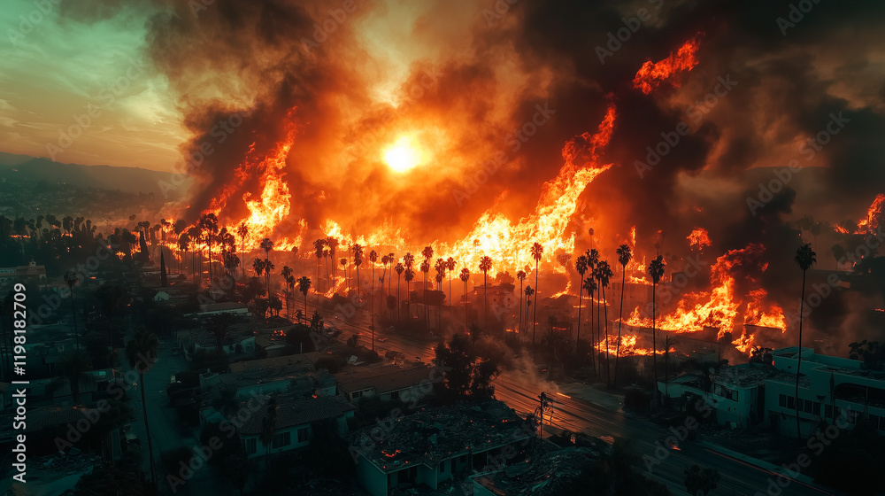 Massive wildfire engulfs cityscape with palm trees, dramatic flames and thick smoke rising under a glowing sunset. Massive wildfire engulfs cityscape with palm trees, dramatic flames and thick smoke rising under a glowing sunset.