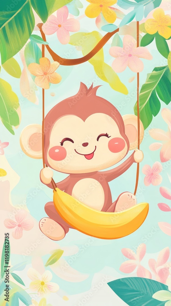 Fototapeta premium Happy monkey swinging on banana in lush tropical garden.