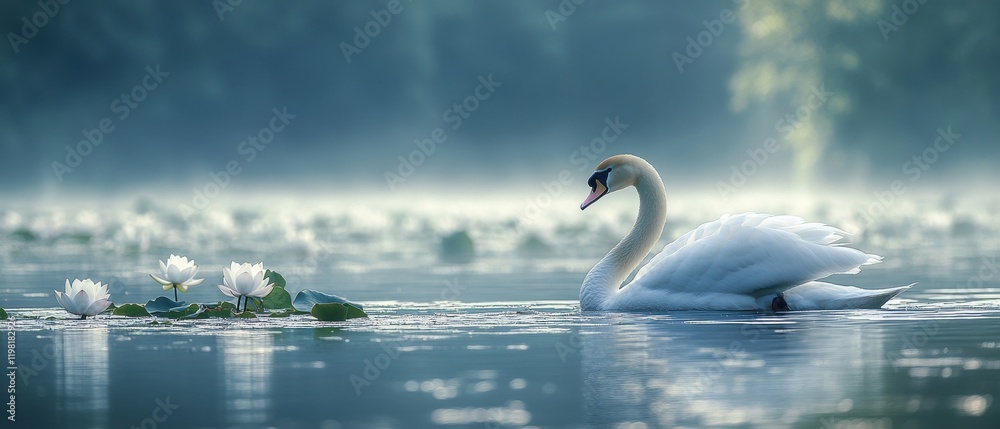 Fototapeta premium [Serene swan floating on lotus flowers in misty morning] Serene Swan Floating Among Lotus Flowers in Misty Morning Landscape