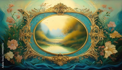 Luxurious Ornamental Frame Encircles Tranquil Oil Painting on Canvas, Showcasing Elegant and Ornate Detailing, Evoking a Sense of Grandeur and Serenity photo