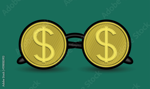 Round-rimmed glasses with dollar coins instead of lenses. Vector illustration