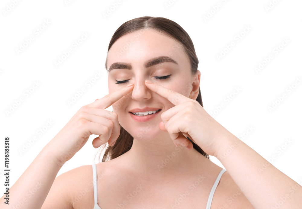 Woman touching her nose on white background Woman touching her nose on white background