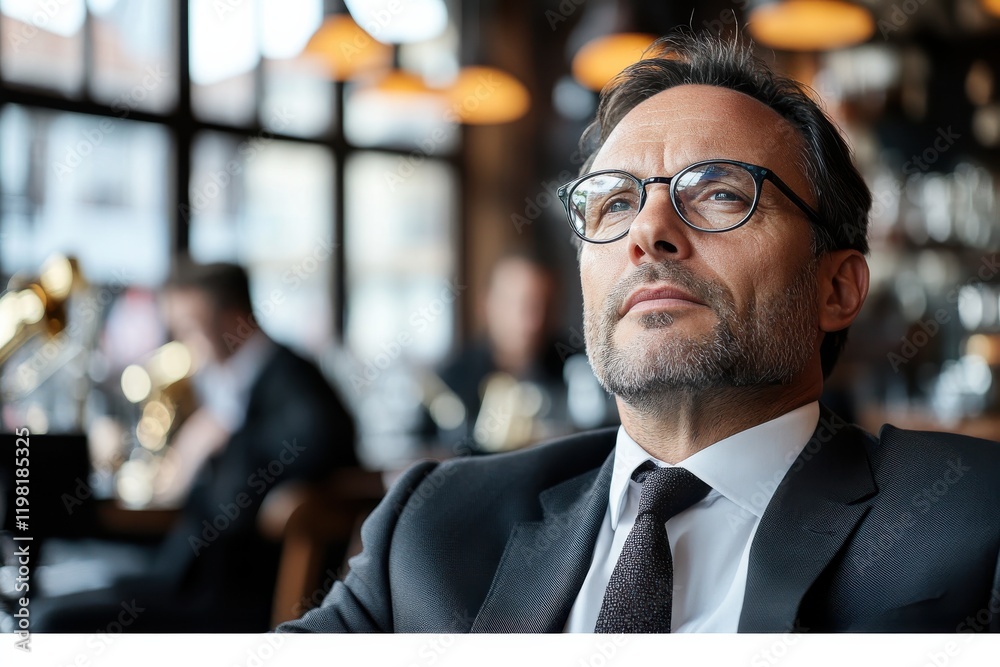 A professional man in glasses sits thoughtfully in a bar, reflecting on life amidst an ambient atmosphere filled with blurred figures in the background. A professional man in glasses sits thoughtfully in a bar, reflecting on life amidst an ambient atmosphere filled with blurred figures in the background.