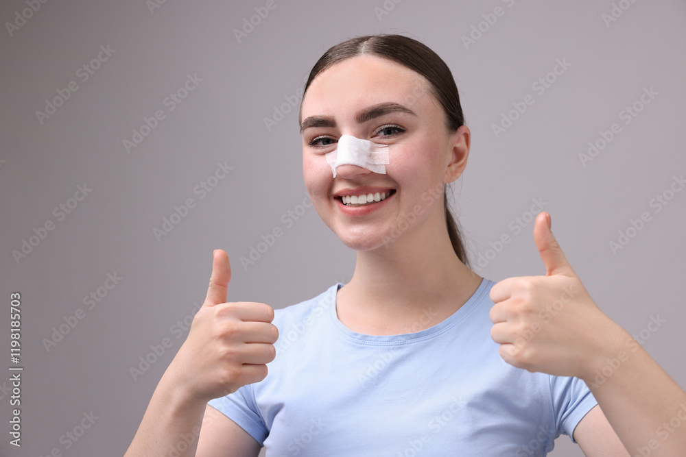 Woman with medical bandage on her nose after plastic surgery operation showing thumbs up against grey background Woman with medical bandage on her nose after plastic surgery operation showing thumbs up against grey background