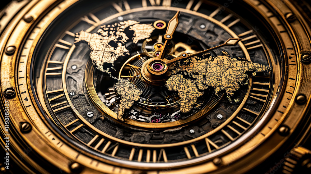 Fototapeta premium Exquisite Golden World Map Watch: A Timeless Masterpiece of Horology and Luxury