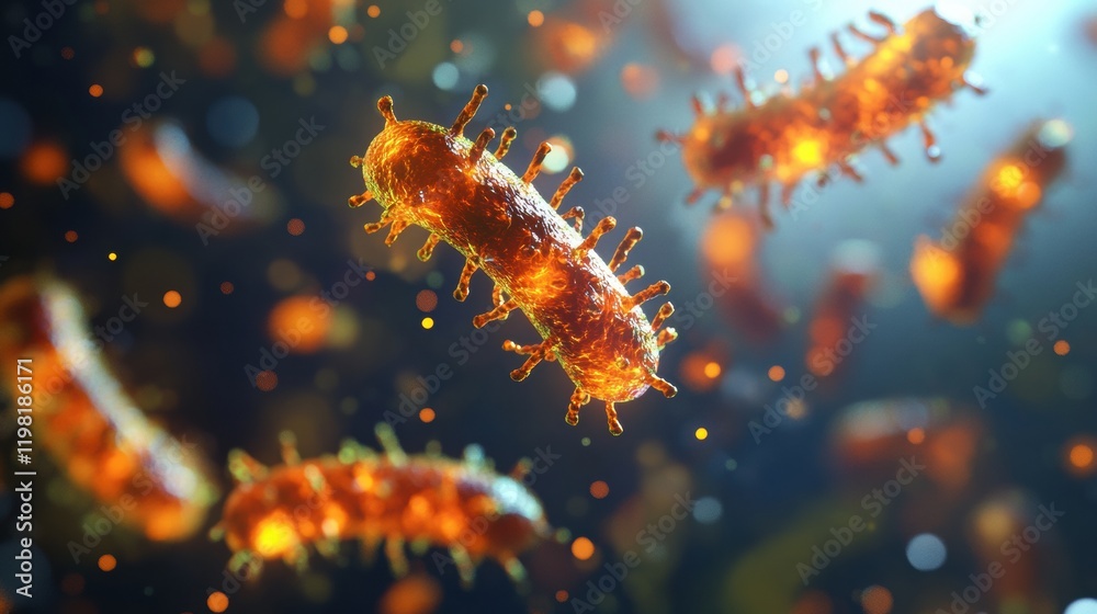 Vibrant 3D render showcasing microscopic microbes in a dynamic environment under a soft light source. Generative AI Vibrant 3D render showcasing microscopic microbes in a dynamic environment under a soft light source. Generative AI