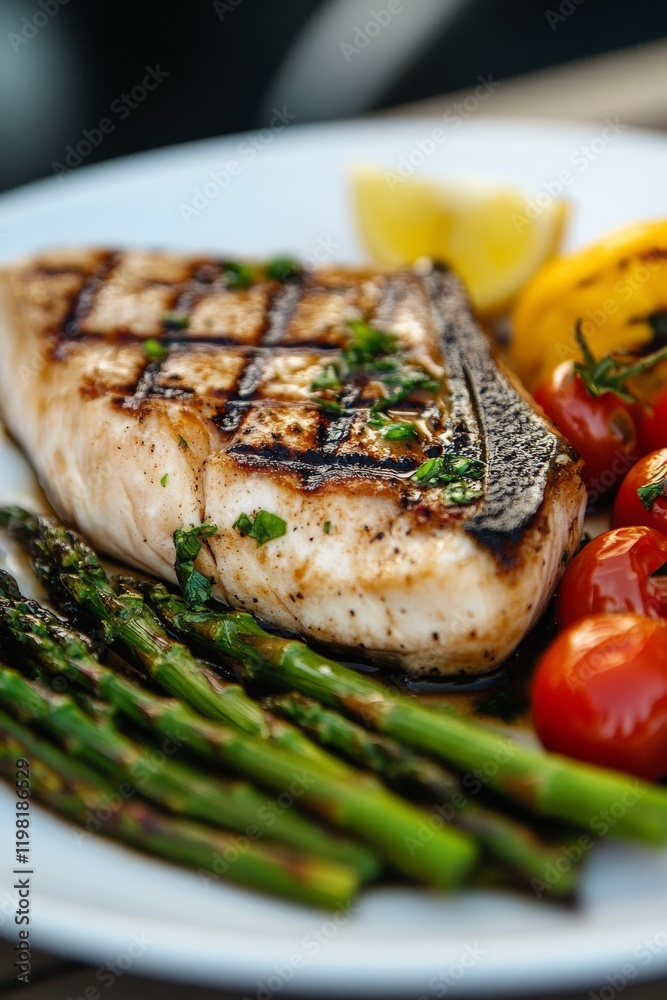 Dinner featuring a perfectly grilled swordfish steak, served with a medley of grilled asparagus and cherry tomatoes, Dinner featuring a perfectly grilled swordfish steak, served with a medley of grilled asparagus and cherry tomatoes,