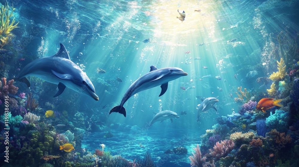 Obraz premium Dolphins swimming in crystal-clear waters with coral reefs visible below, illuminated by sunlight filtering through the surface,