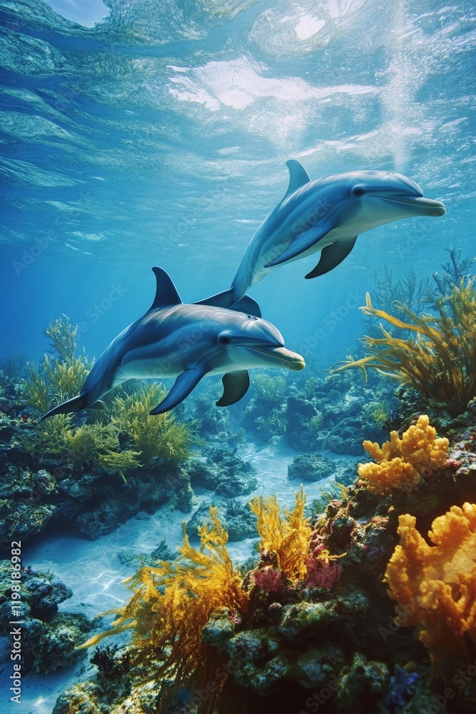 Obraz premium Dolphins swimming through a coral reef, their movements creating gentle currents that stir the vibrant underwater flora,