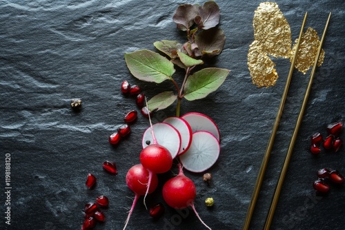 Fine dining garnishes including gold leaf, pomegranate arils, and thinly sliced radishes styled dramatically on a black slate with tweezers, photo