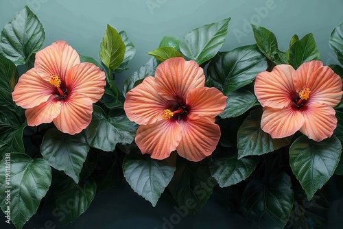 Wallpaper Mural a vibrant, lush tropical hibiscus shrub with deep green foliage and vivid red-orange blooms against a white background, featuring detailed leaf textures and delicate flower petals Torontodigital.ca