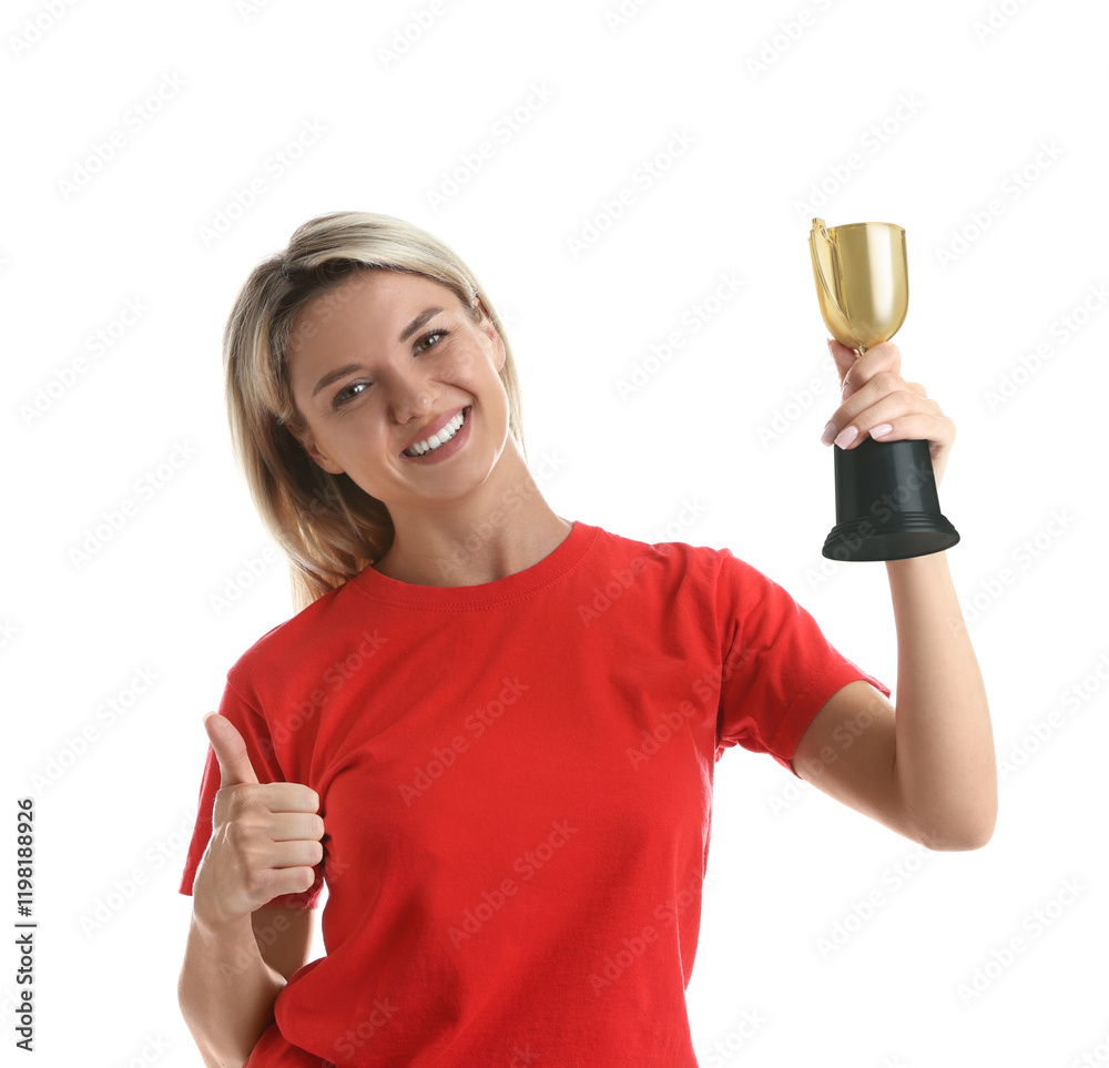 Happy winner with golden trophy cup showing thumbs up on white background Happy winner with golden trophy cup showing thumbs up on white background
