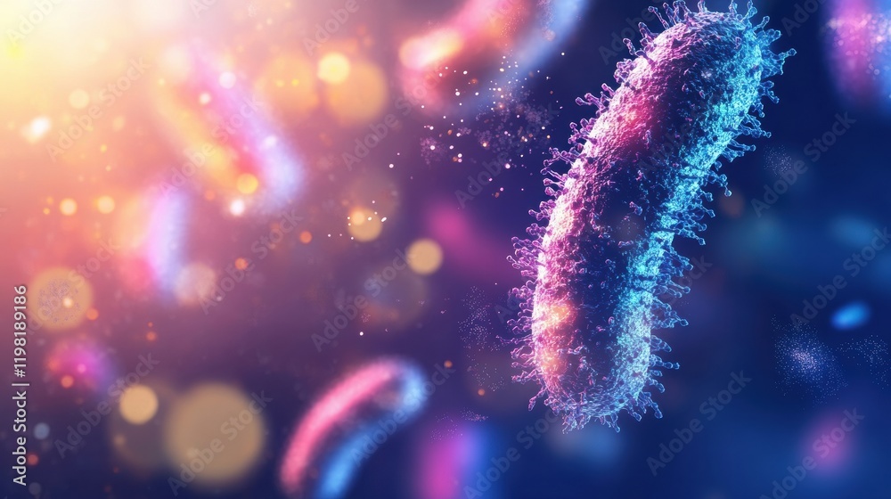 Abstract representation of antibiotics interacting with bacteria under a microscope in a colorful setting. Generative AI Abstract representation of antibiotics interacting with bacteria under a microscope in a colorful setting. Generative AI