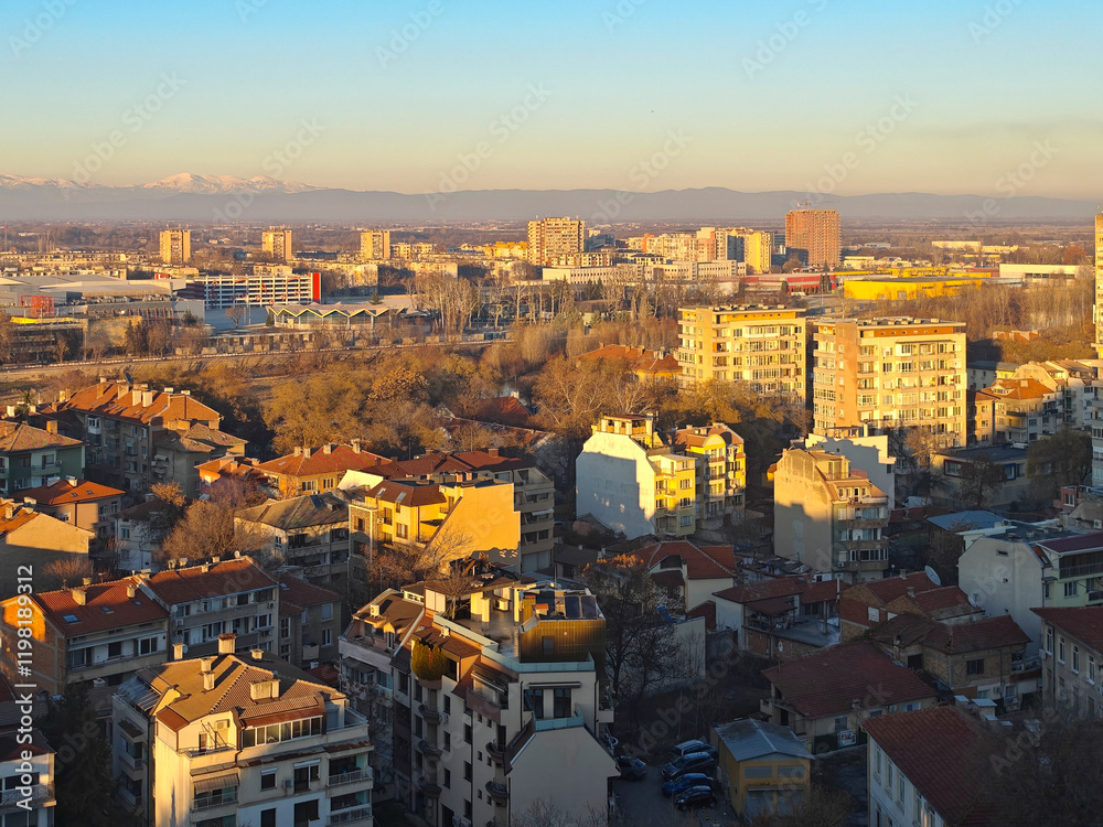 Fototapeta premium Sunset view of Plovdiv city from Nebet Tepe hill, Bulgaria