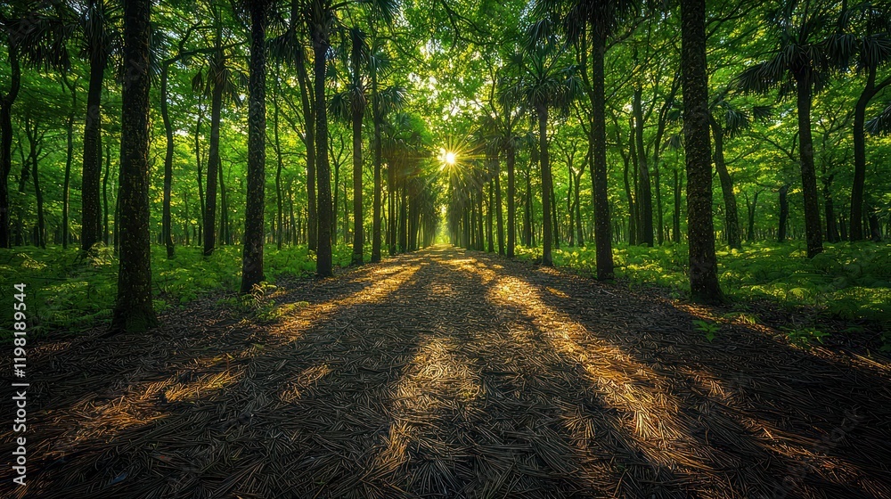 Fototapeta premium Sunlit Forest Path: A Serene Escape into Nature's Embrace