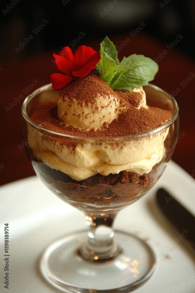 Gluten-free tiramisu served in a glass cup, with layers of almond flour sponge, coffee-soaked cream, and cocoa dusting, Gluten-free tiramisu served in a glass cup, with layers of almond flour sponge, coffee-soaked cream, and cocoa dusting,