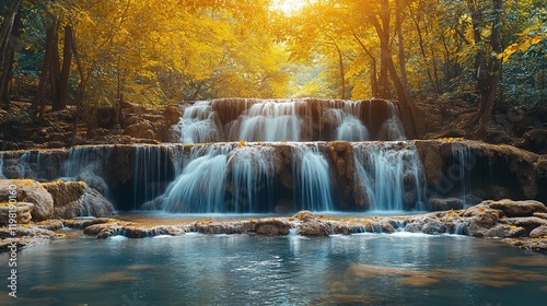Autumn Waterfall in Lush Forest. Peaceful nature scene for travel brochure