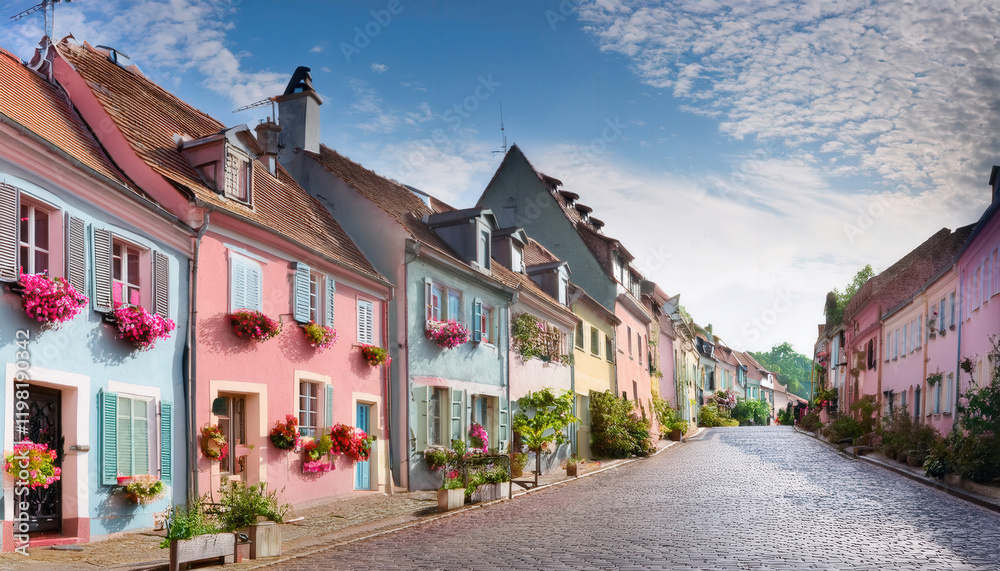 A charming view of a cobblestone street adorned with pastel-colored houses and vibrant flowering window boxes. The picturesque scene evokes a sense of tranquility and warmth, perfect for travel-themed A charming view of a cobblestone street adorned with pastel-colored houses and vibrant flowering window boxes. The picturesque scene evokes a sense of tranquility and warmth, perfect for travel-themed