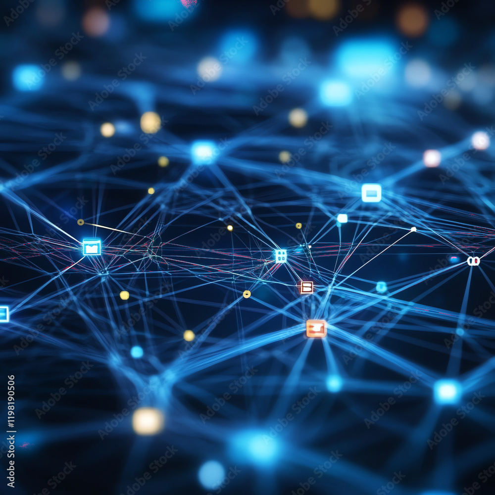 Abstract network connections with glowing nodes and light effects, digital technology illustration Abstract network connections with glowing nodes and light effects, digital technology illustration