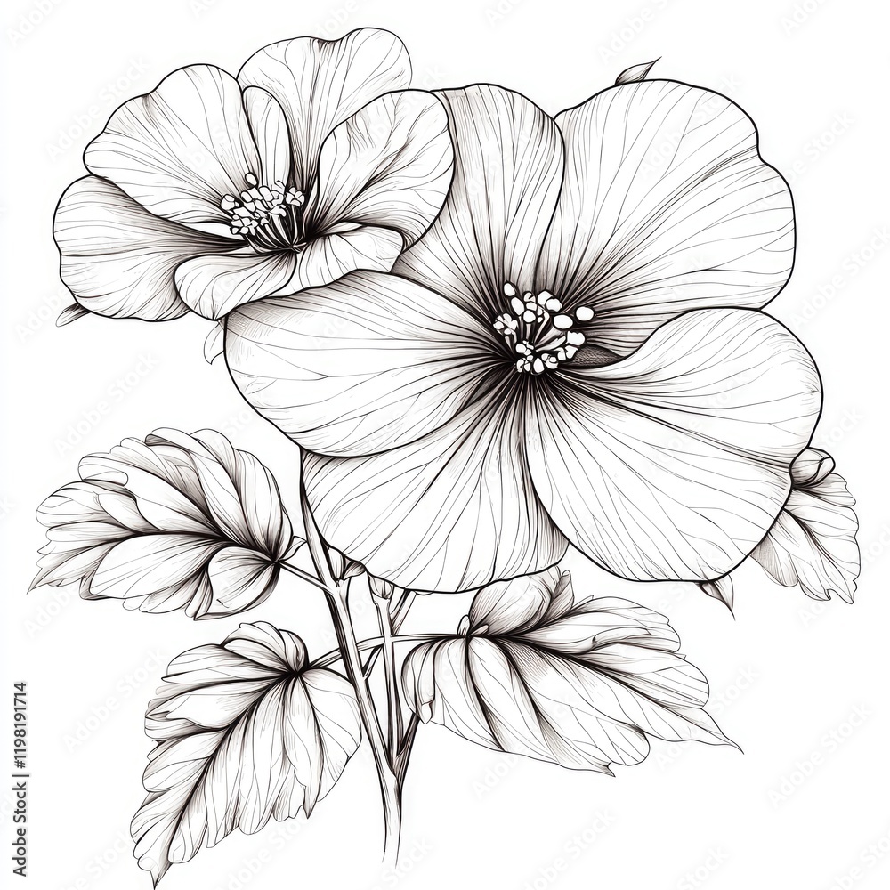 Fototapeta premium Elegant Line Art Hibiscus Flower Drawing: Black and White Botanical Illustration, Vintage Floral Design, Nature Print
