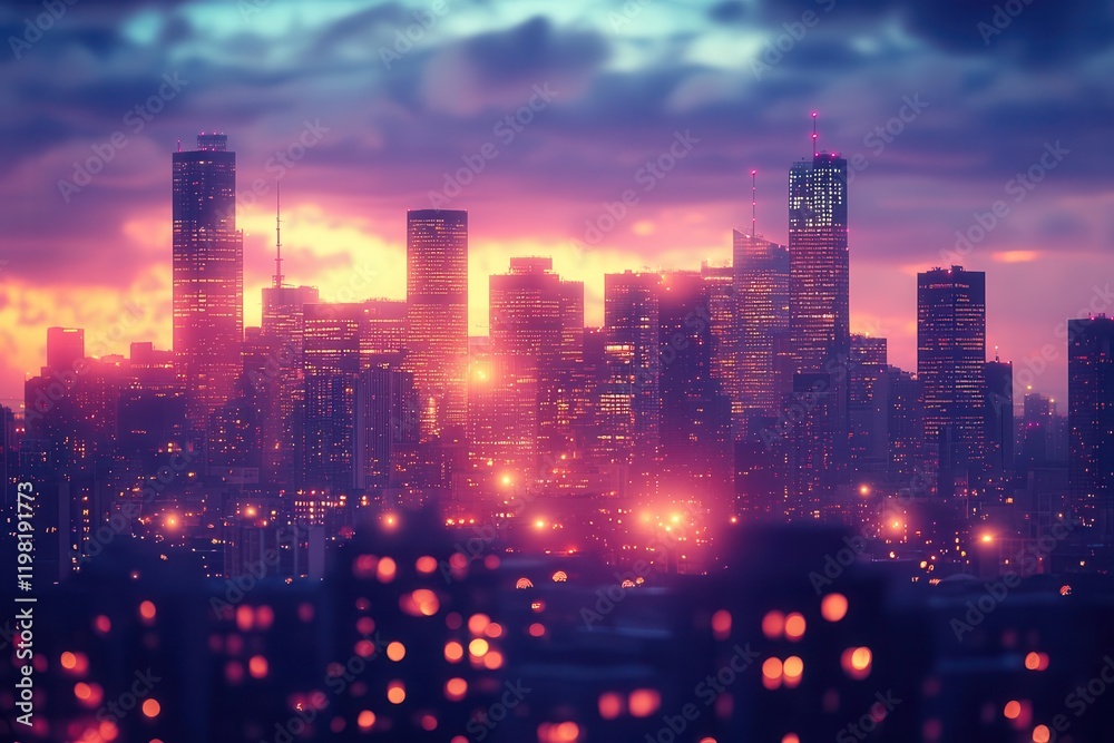 Obraz premium abstract bokeh cityscape at twilight, soft unfocused urban lights creating dreamy color patterns in purple and gold