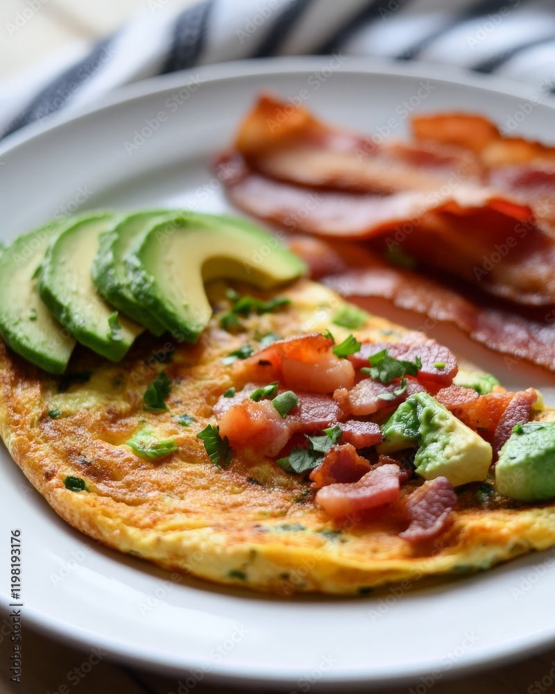 Paleo breakfast featuring a vegetable omelet with avocado slices and a side of bacon, Paleo breakfast featuring a vegetable omelet with avocado slices and a side of bacon,