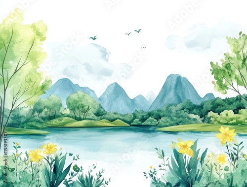 A watercolor illustration featuring mountains, water, grass, clouds, a rainbow, and trees on a white background photo