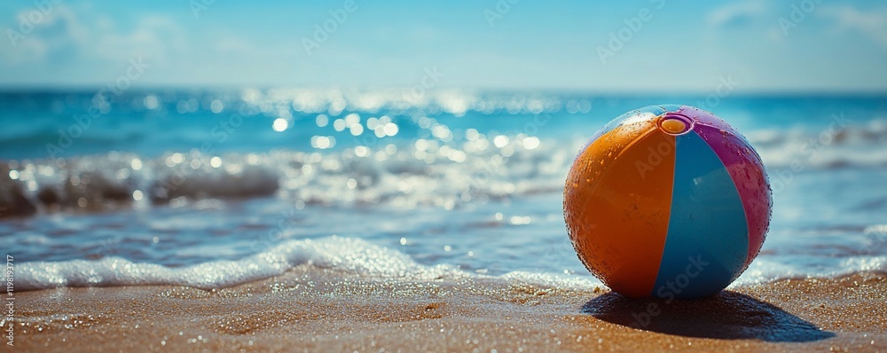 Beach ball on sandy shore, ocean waves, summer fun Beach ball on sandy shore, ocean waves, summer fun