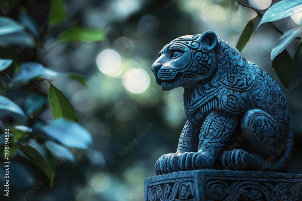 Intricate stone carving of a jaguar or similar feline, sits on a pedestal amidst lush green foliage. Intricate stone carving of a jaguar or similar feline, sits on a pedestal amidst lush green foliage.