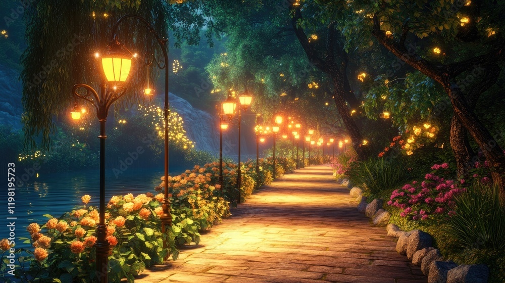 A beautifully lit pathway leading to the river, lined with lamps and flowers, inviting tranquility and devotion. A beautifully lit pathway leading to the river, lined with lamps and flowers, inviting tranquility and devotion.