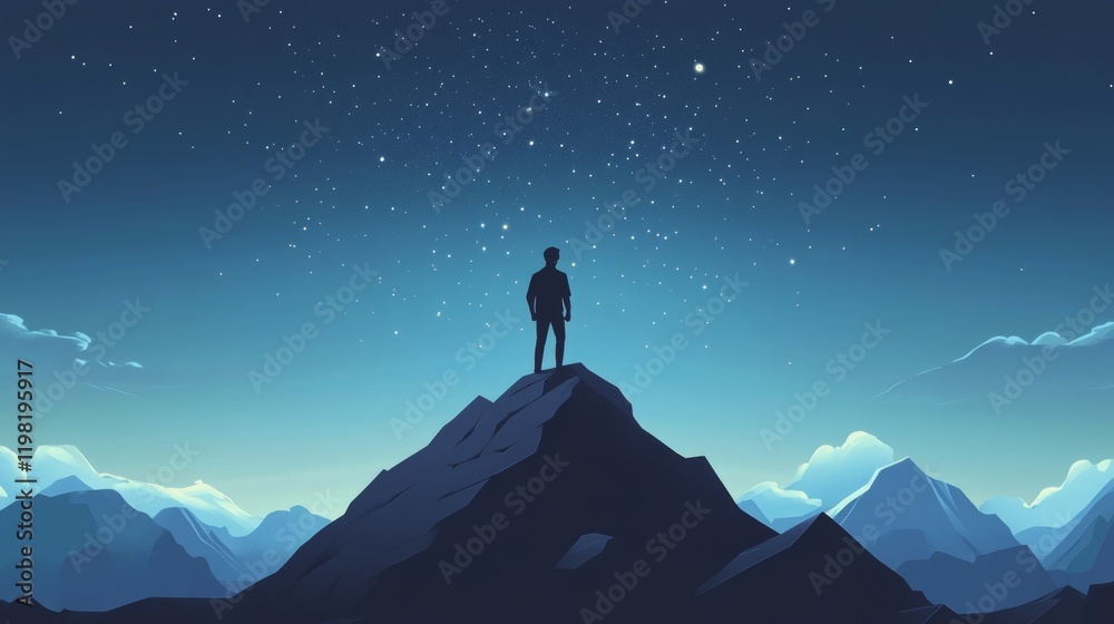 Fototapeta premium Man on top of a mountain observing the universe