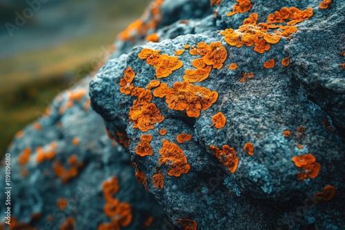 Vibrant orange lichen thrives on a textured, grey rock surface, a stunning display of nature's artistry. photo