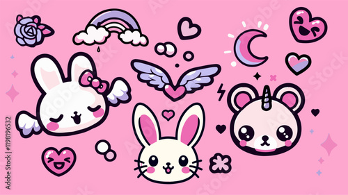 Cute rabbits and bear in anime kawaii style surrounded by stars and hearts on a pink background. Trendy vector illustration for a t-shirt print, stickers or patches.