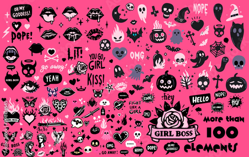 Big set of neon cartoon stickers with tattoo style illustrations. Drawings depicting heat, flames roses and knives. 