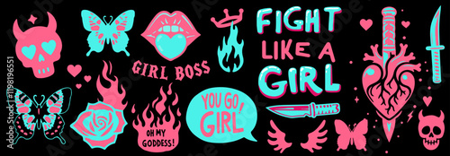 Big set of neon cartoon stickers with tattoo style illustrations. Drawings depicting heat, flames and knives. 
