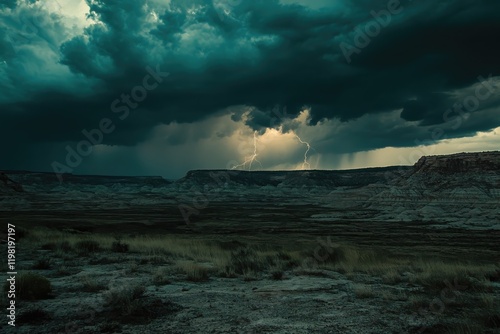 Lightning bolts over canyon under moody storm clouds photo