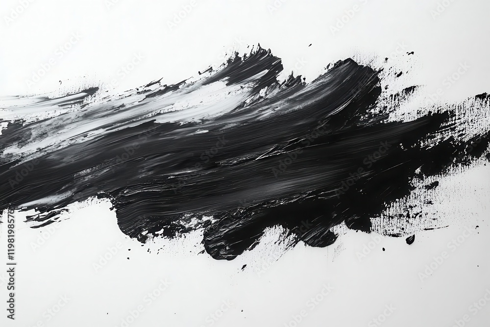 abstract monochromatic brushstroke composition, bold gestural black paint marks on pristine white surface, dynamic movement and texture
