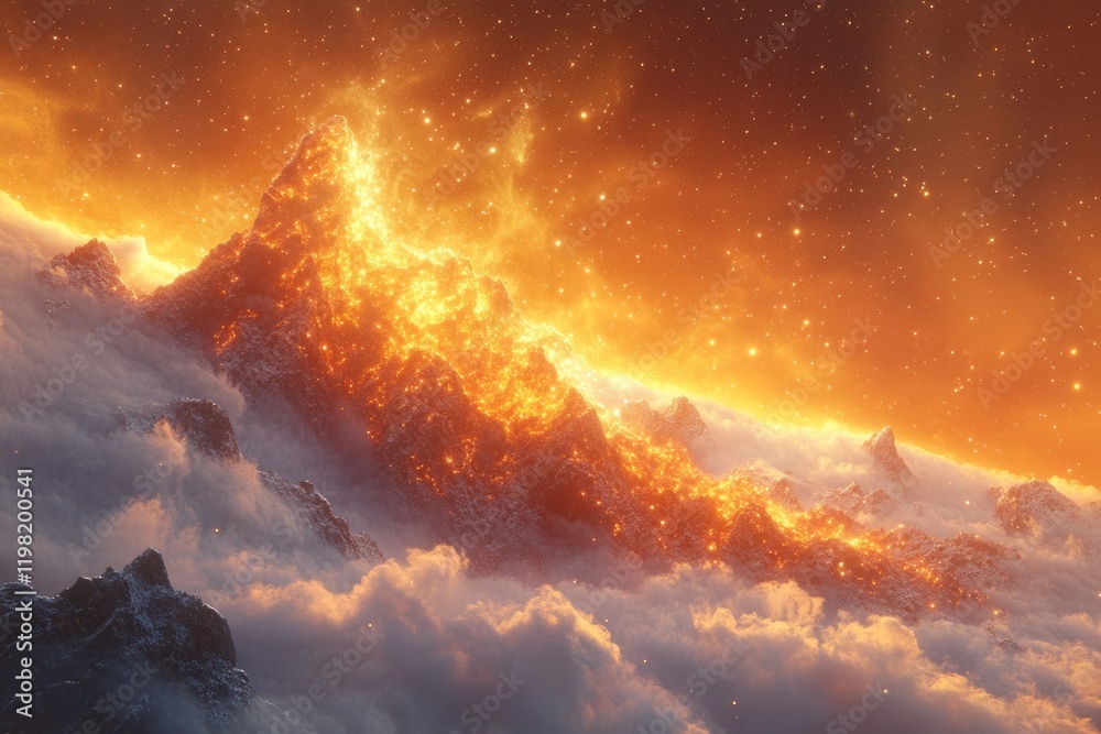 Fototapeta premium Fiery mountain range ablaze, glowing embers illuminate a breathtaking celestial landscape above clouds.