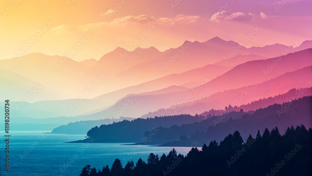 Fototapeta premium Serene Sunset Over Majestic Mountains and Calm Waterscape
