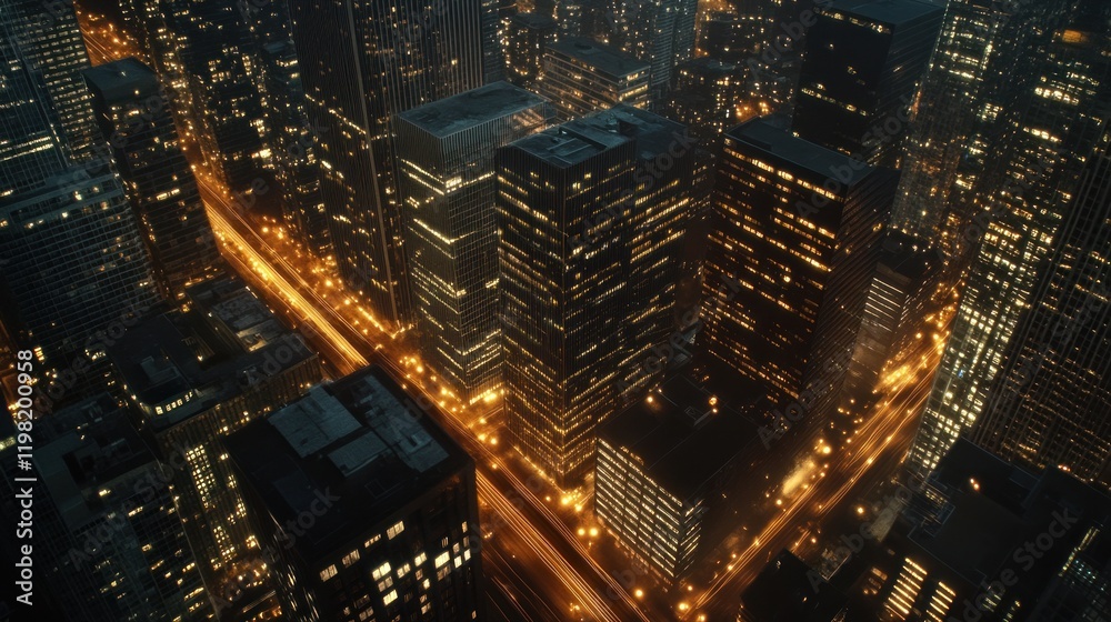 Obraz premium Night Cityscape: Aerial View of Illuminated Skyscrapers and Streets