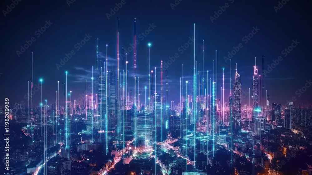 Fototapeta premium Futuristic Cityscape: A Symphony of Lights and Digital Connections