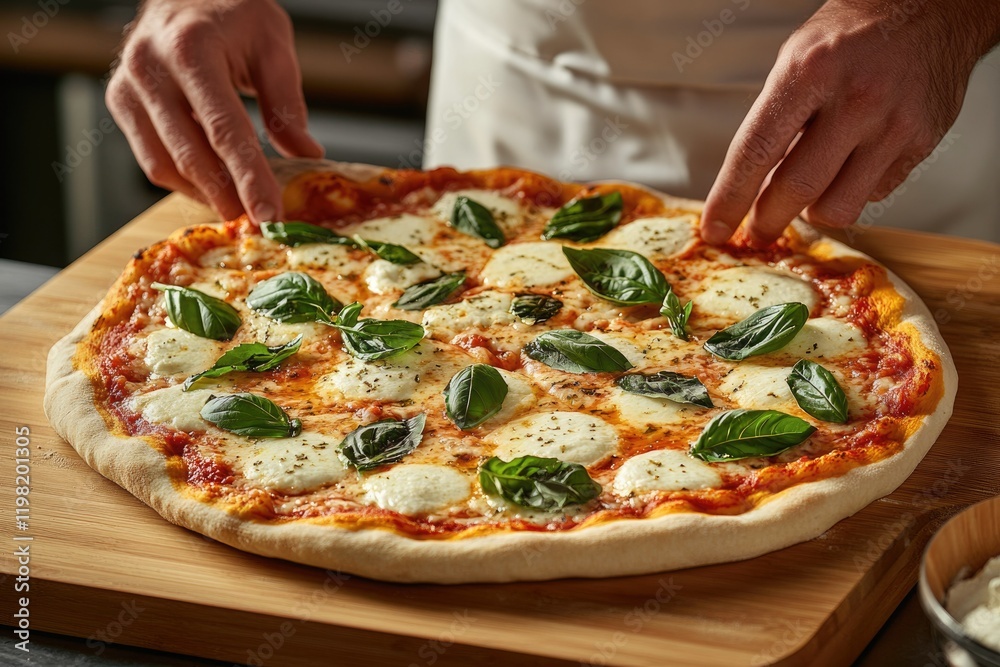 A delicious margherita pizza with mozzarella cheese, basil leaves, and tomato sauce, freshly baked.