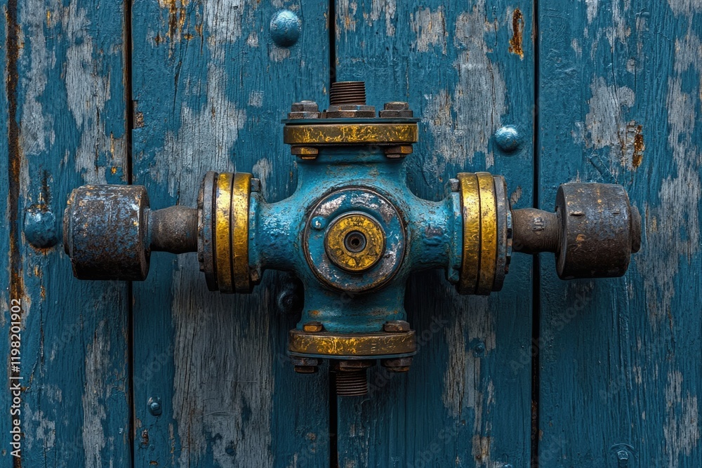 Rustic blue and gold industrial valve mounted on weathered wooden door. Rustic blue and gold industrial valve mounted on weathered wooden door.