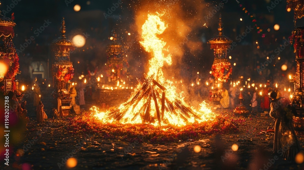 Obraz premium A grand bonfire surrounded by traditional Dussehra decorations, symbolizing the victory of good over evil.