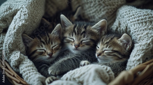 A group of adorable kittens snuggled together in a cozy basket, surrounded by soft blankets.