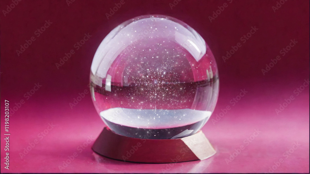 Crystal ball, snowball with snowy Christmas tree inside. Animation of christmas snowflakes falling over snow globe on blured background. 4K Video